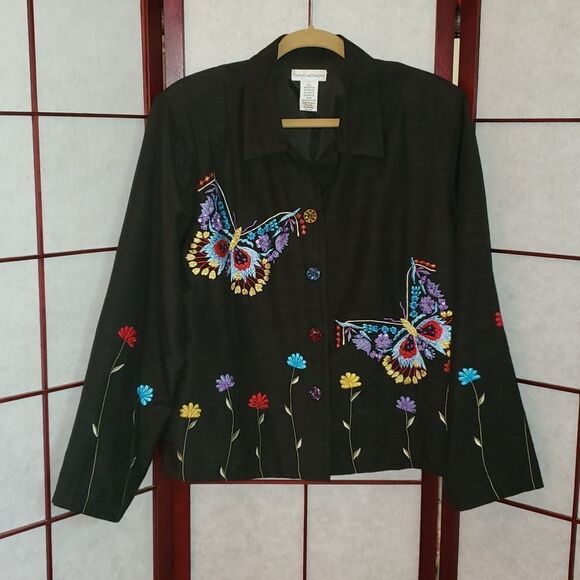 Draper's & Damon's Colorful Butterfly Stitch Black Button Up Jacket - Picture 1 of 8